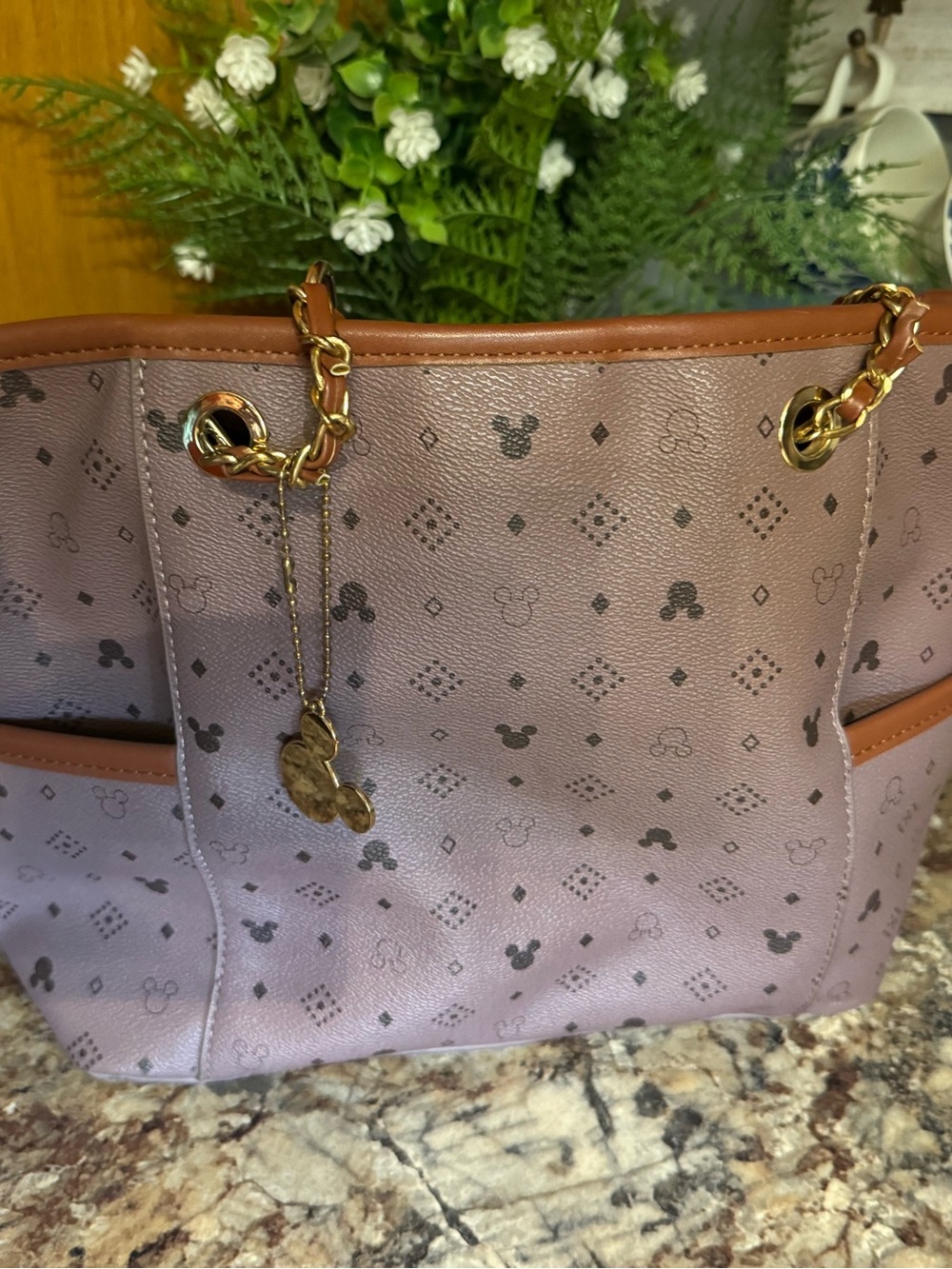 Disney Lavender Tote with Gold Chain Detail and Tan Trim